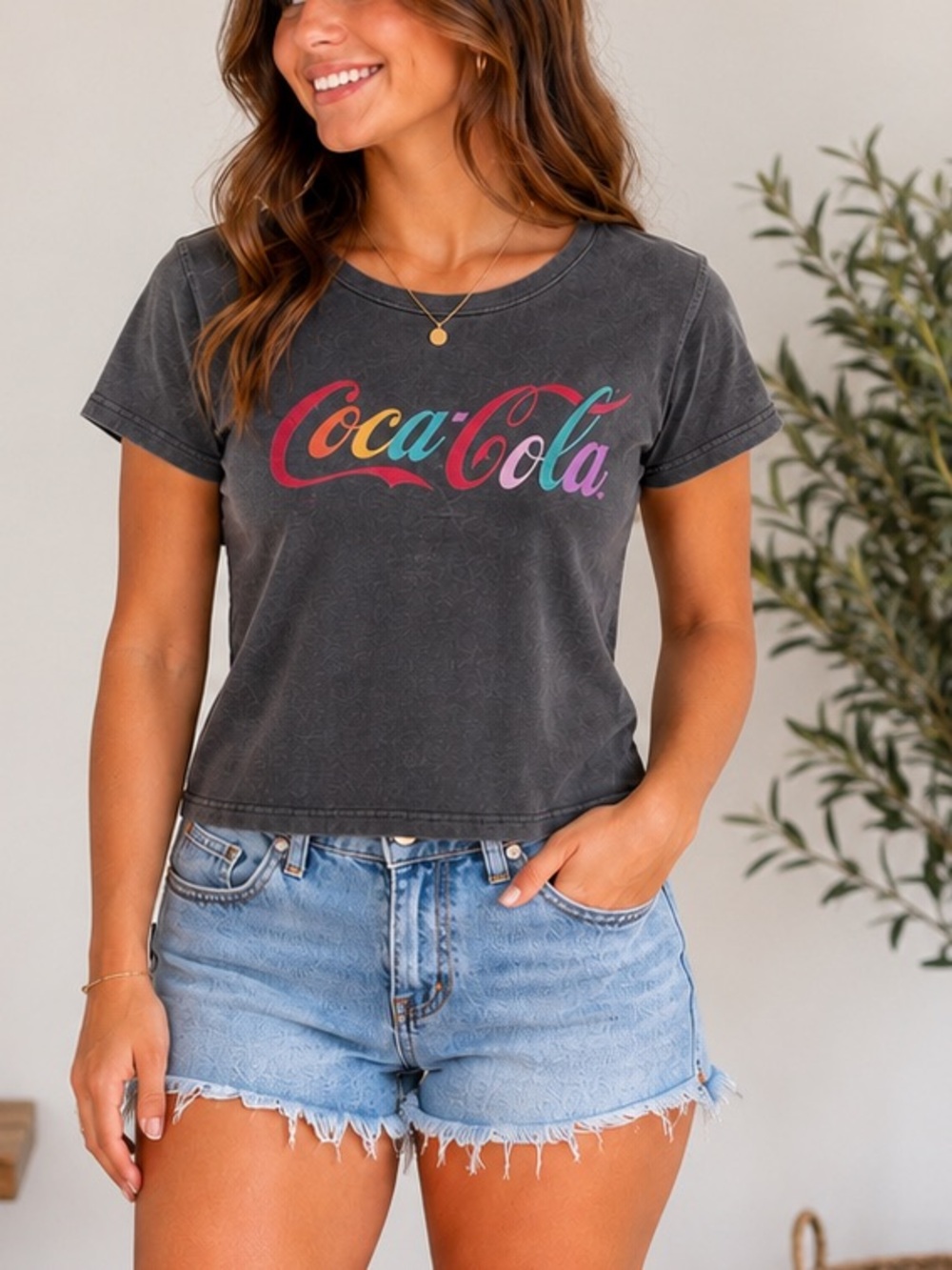Coca-Cola Rainbow Logo Graphic T-shirt Women’s Size S Black Vintage Wash
